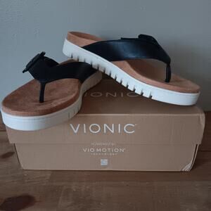 Vionic Uptown Marin Women's Toe Post Sandals Black Leather 8 M NWB